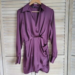 Zara Satin Effect Plum Eggplant Purple Ruched Long Sleeved Mini Dress sz XS